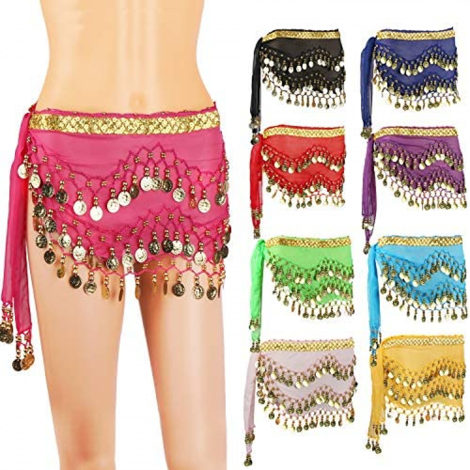 Performance Costume Cosics Belly Dance Skirt 128 Gold Coin Belly Dancer Hip Scarf Solid Color Chiffon Hip Belt Wrap for Zumba