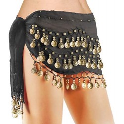 Belly Dance Hip Scarf, Cosics Women's Sexy Black Dance Skirt Performance Outfit with 128 Gold Coins
